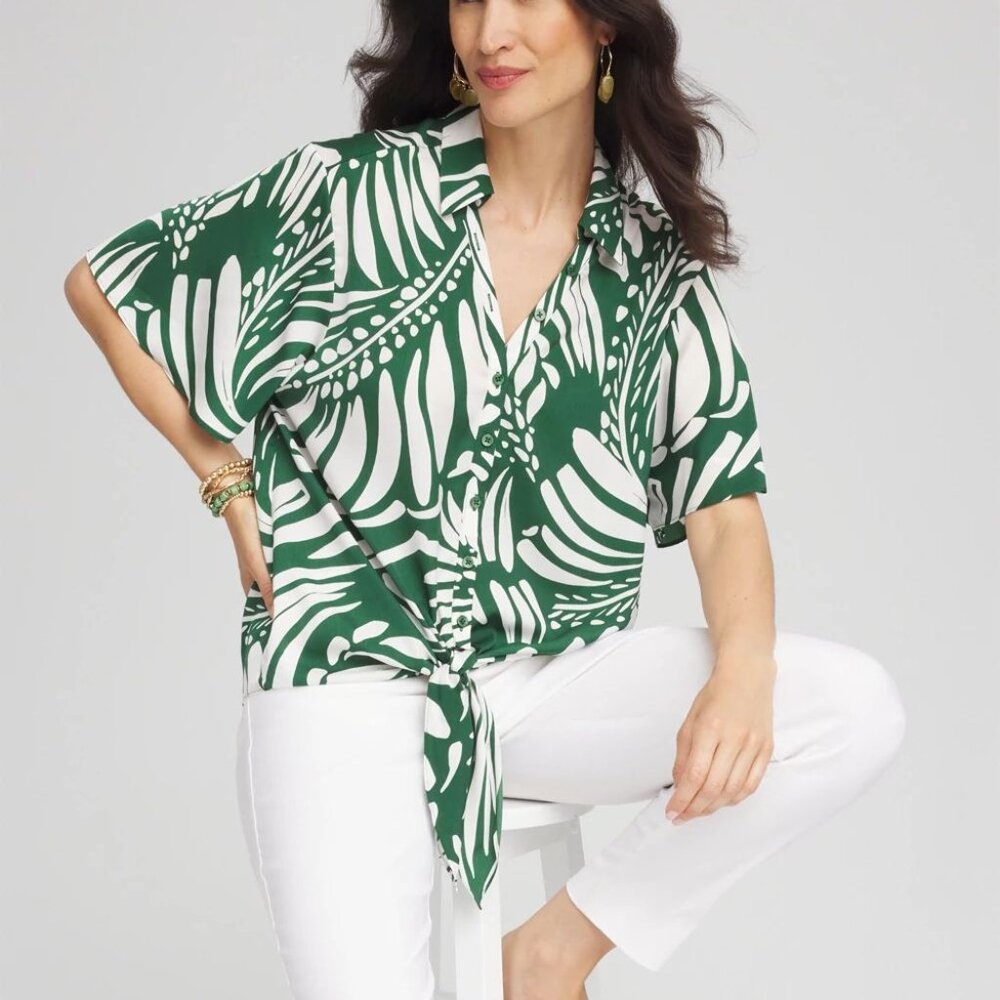 Palm Print Tie-Front Silky Top - Picture 3 of 4